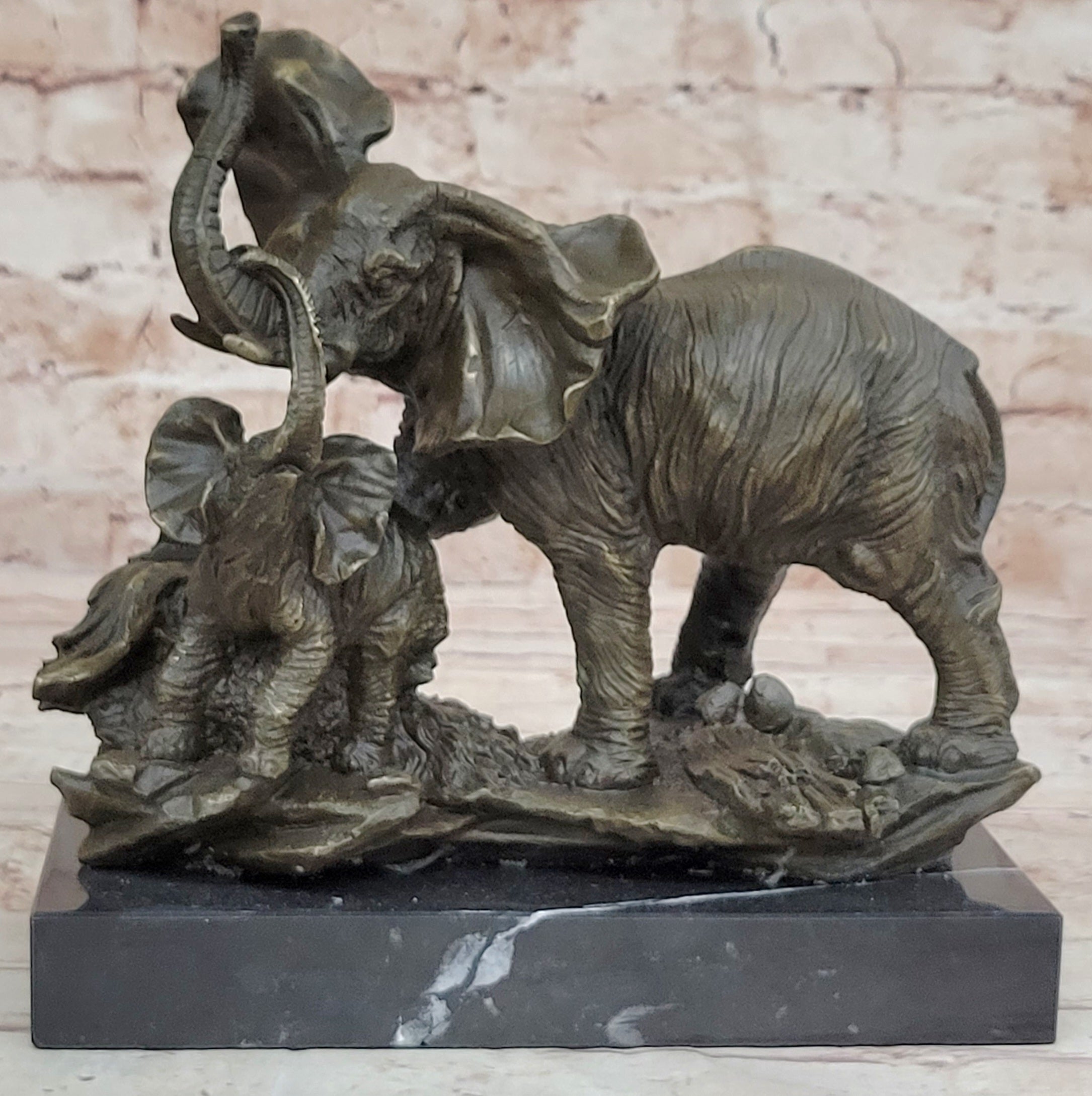 Mother Elephant & Calf Bronze Sculpture on Marble Base Barye