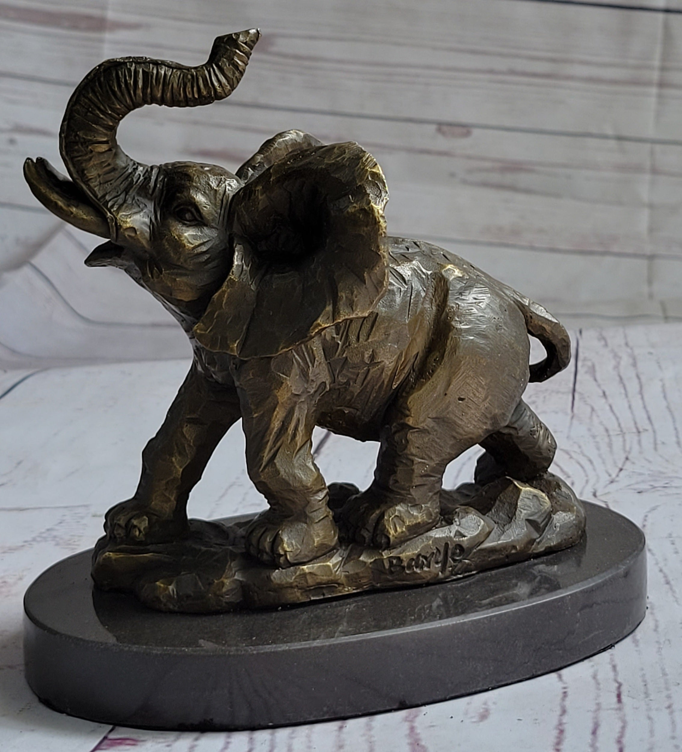 Trumpeting Elephant Bronze Sculpture on Marble Base 7" x 8"