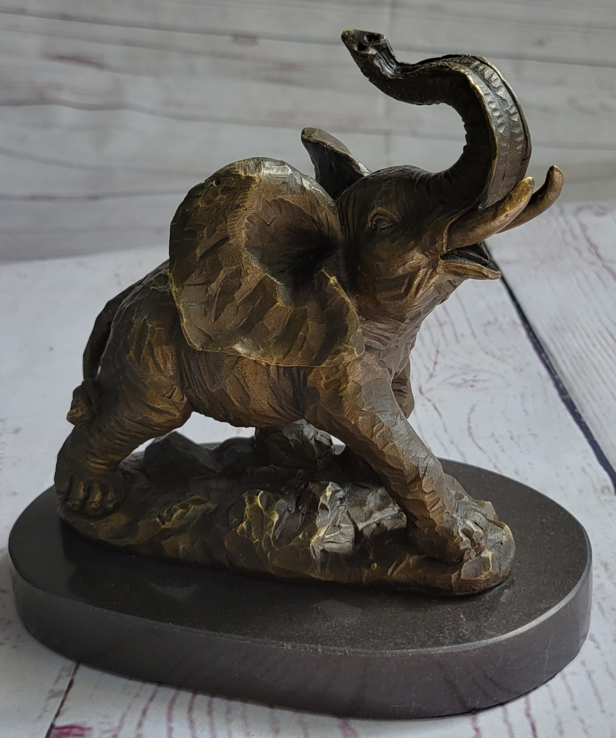 Trumpeting Elephant Bronze Sculpture on Marble Base 7" x 8"