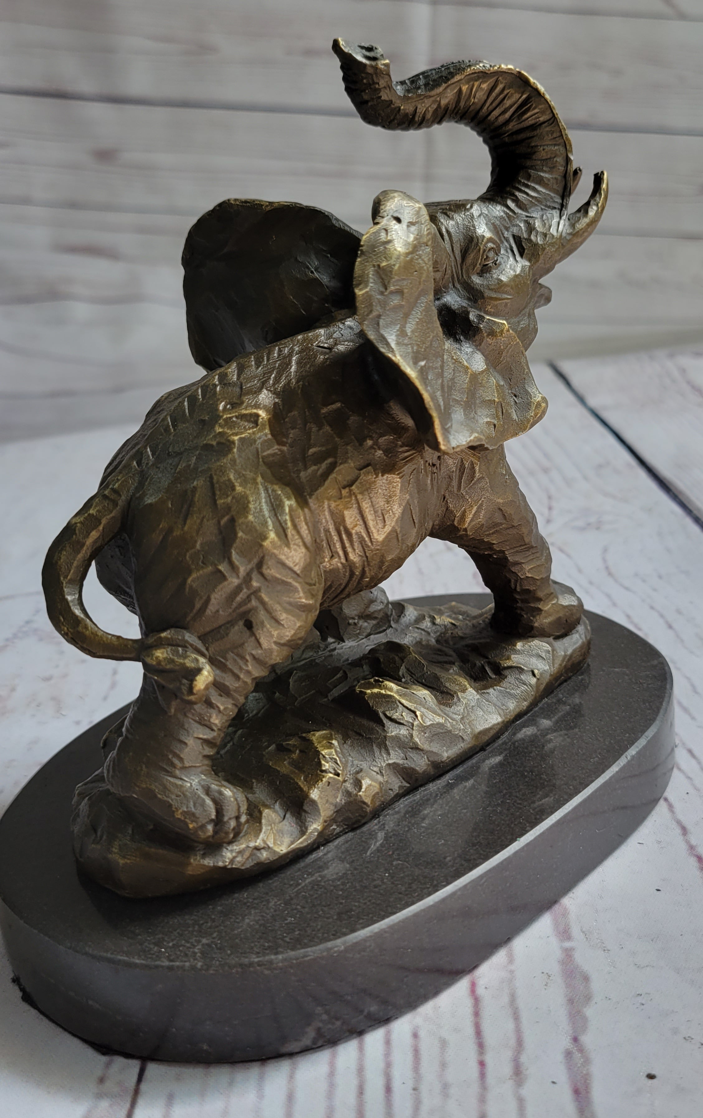 Trumpeting Elephant Bronze Sculpture on Marble Base 7" x 8"