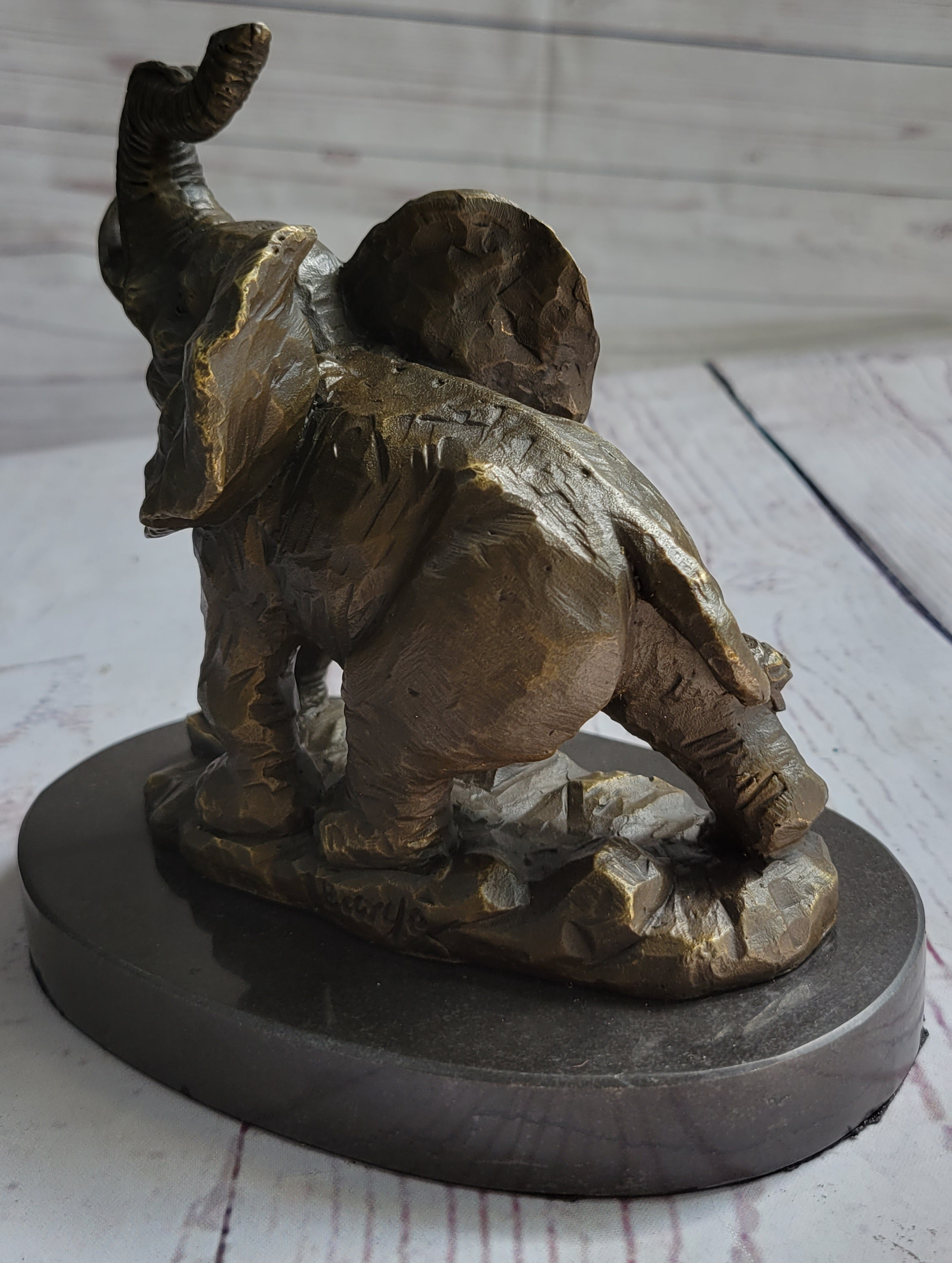 Trumpeting Elephant Bronze Sculpture on Marble Base 7" x 8"