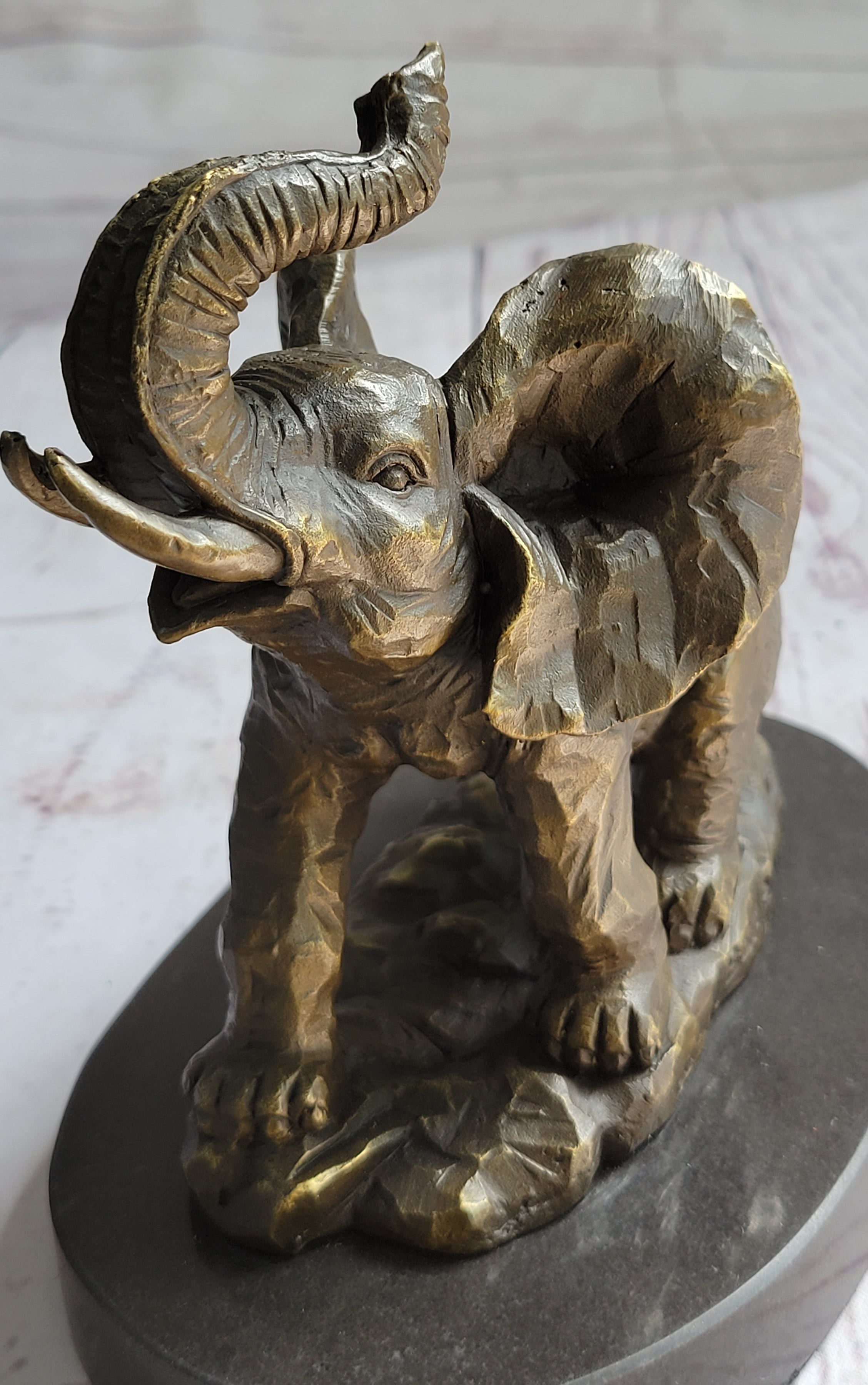 Trumpeting Elephant Bronze Sculpture on Marble Base 7" x 8"