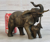Mother & Baby Elephant Bronze Metal Sculpture Signed Art