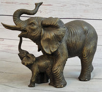 Mother & Baby Elephant Bronze Metal Sculpture Signed Art