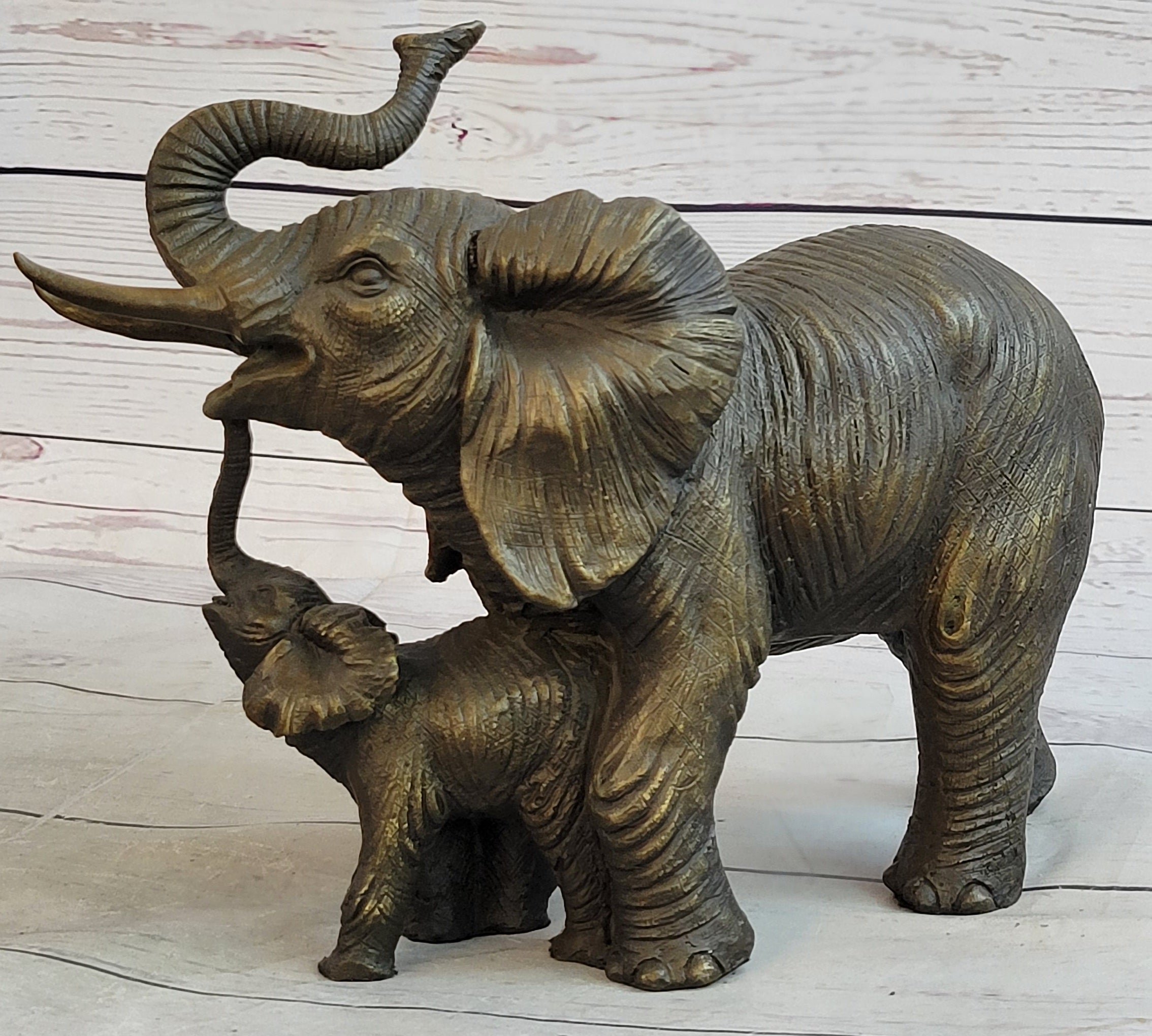 Mother & Baby Elephant Bronze Metal Sculpture Signed Art