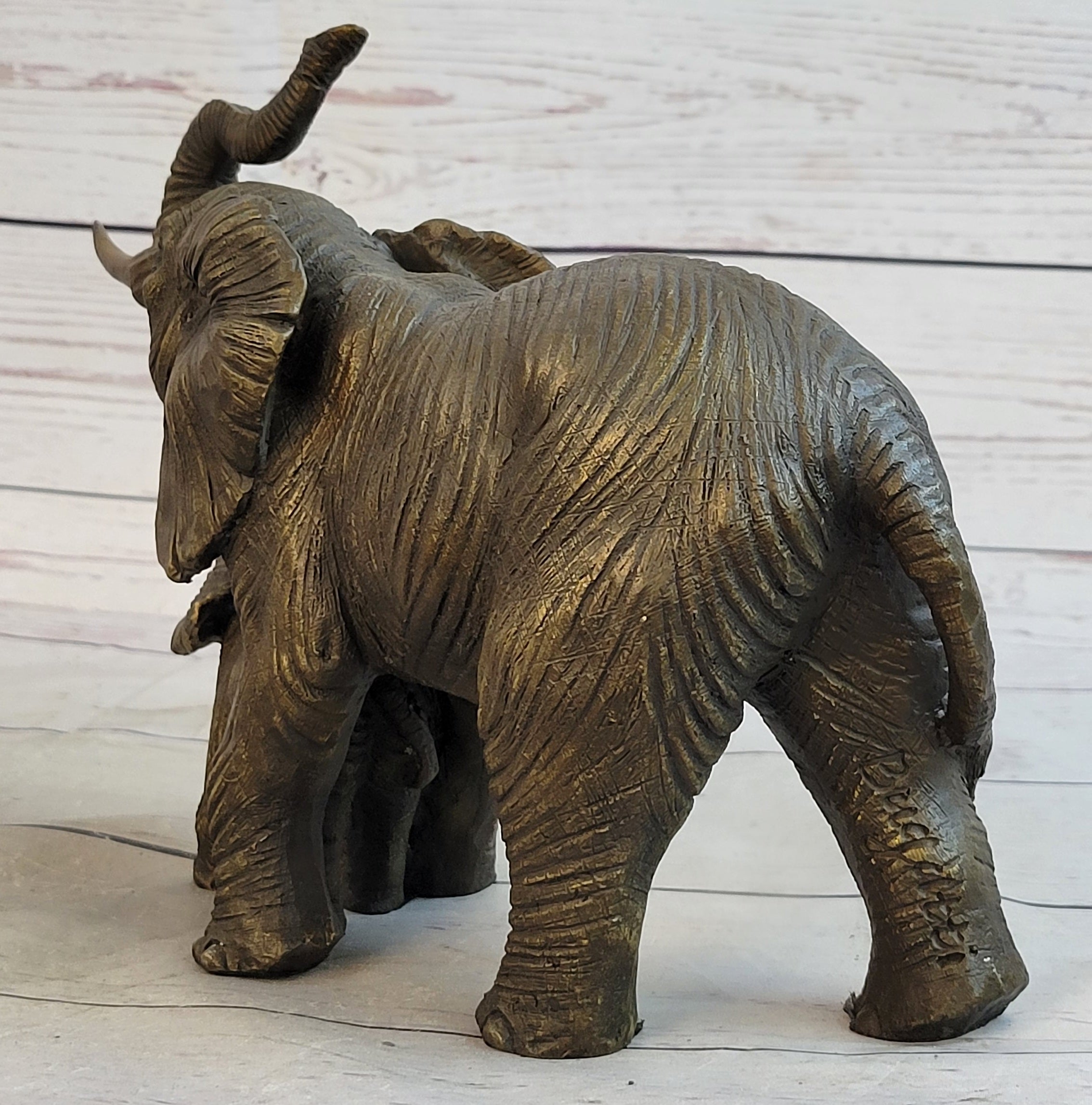 Mother & Baby Elephant Bronze Metal Sculpture Signed Art