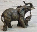 Mother & Baby Elephant Bronze Metal Sculpture Signed Art