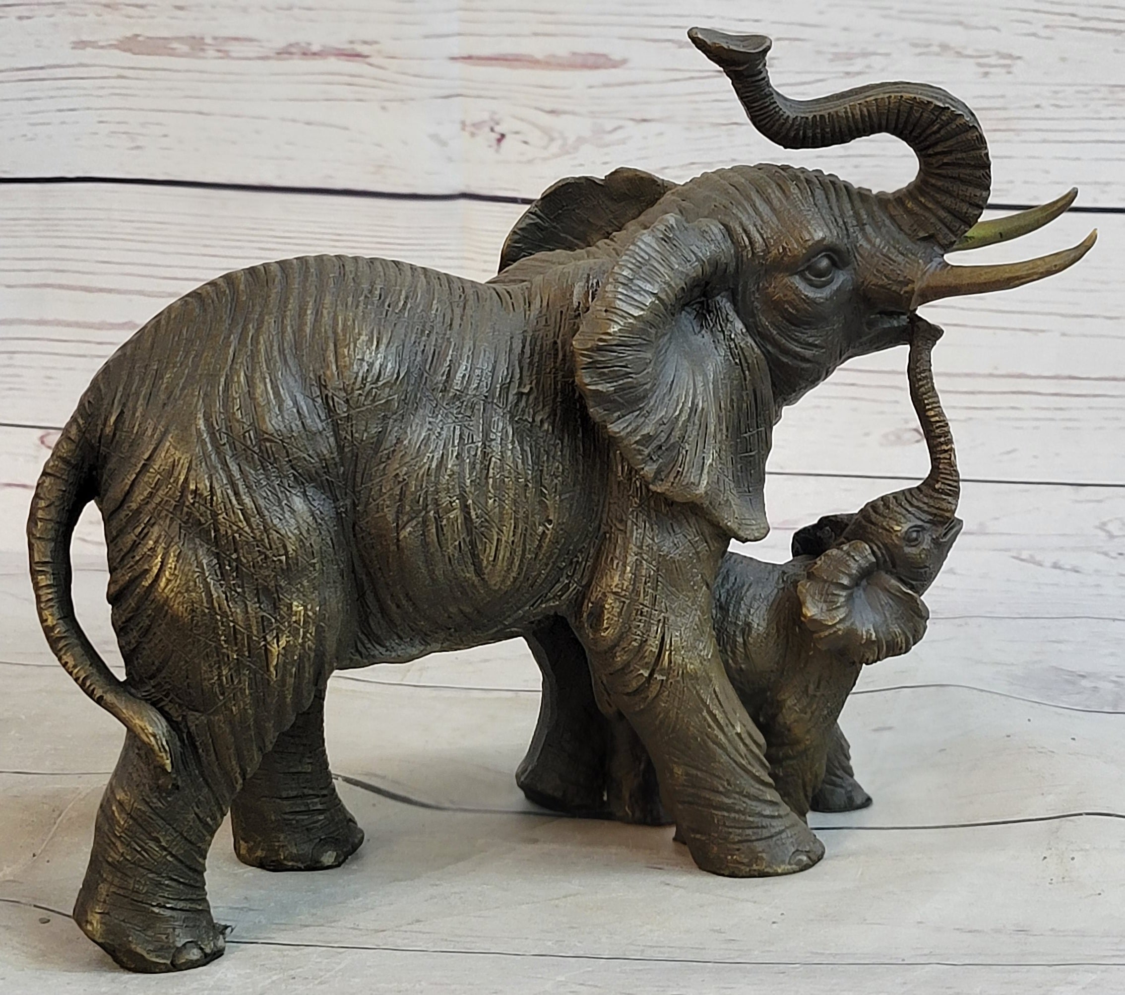 Mother & Baby Elephant Bronze Metal Sculpture Signed Art