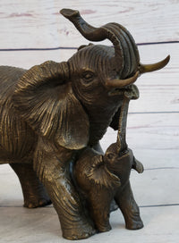 Mother & Baby Elephant Bronze Metal Sculpture Signed Art