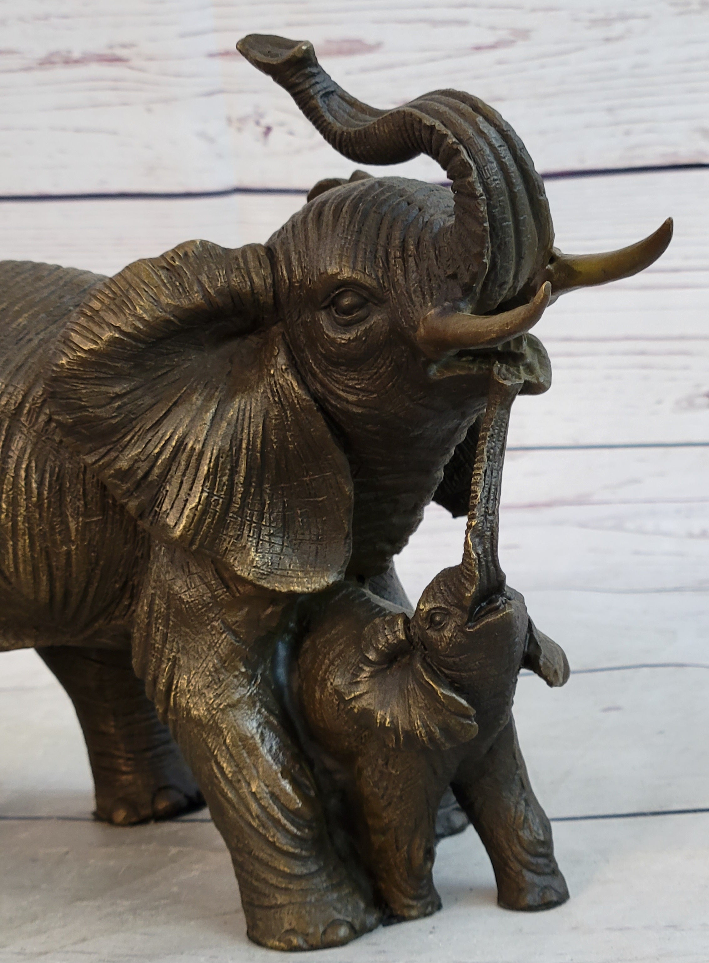 Mother & Baby Elephant Bronze Metal Sculpture Signed Art