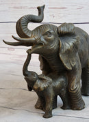 Mother & Baby Elephant Bronze Metal Sculpture Signed Art