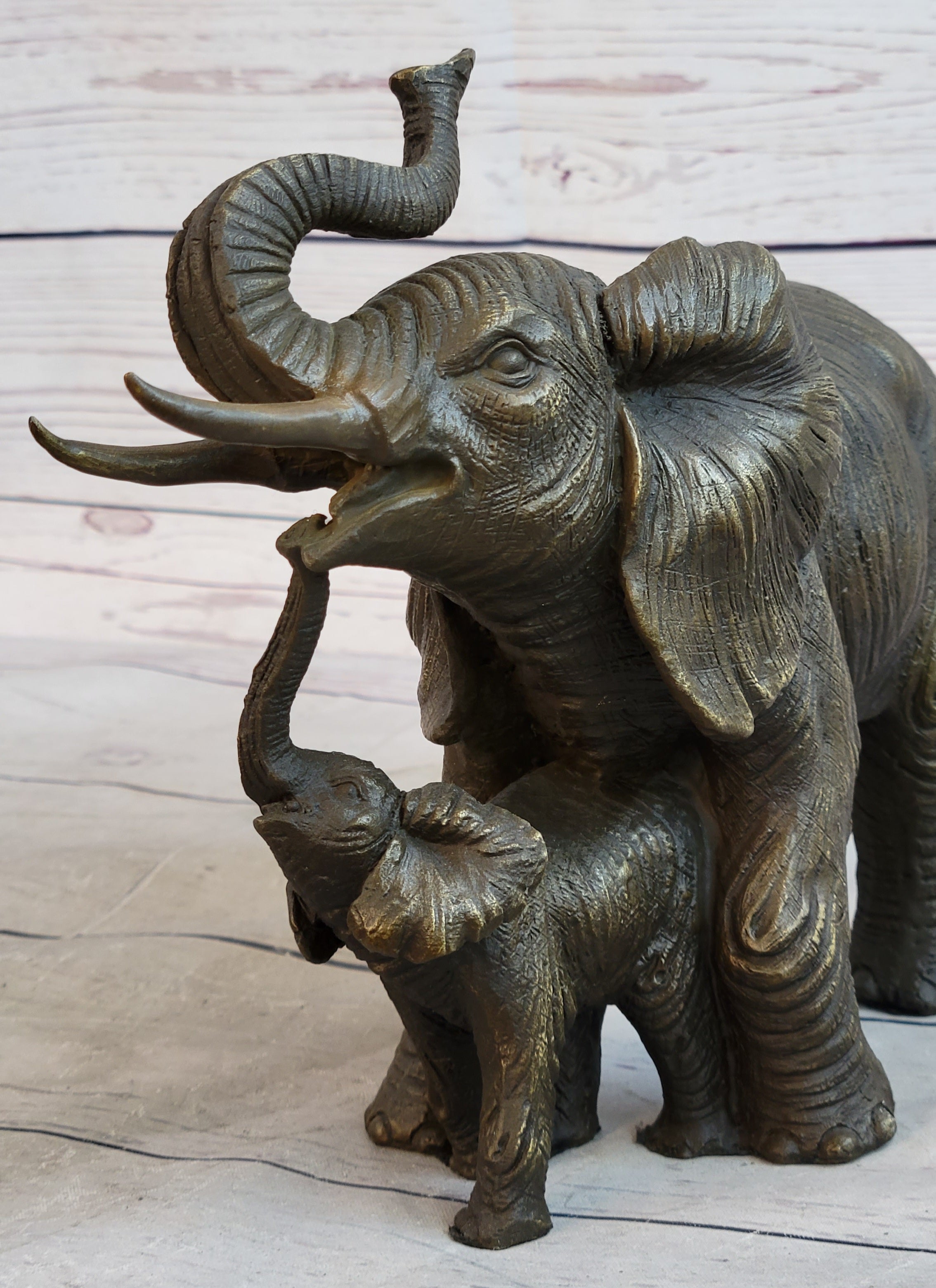 Mother & Baby Elephant Bronze Metal Sculpture Signed Art