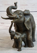 Mother & Baby Elephant Bronze Metal Sculpture Signed Art