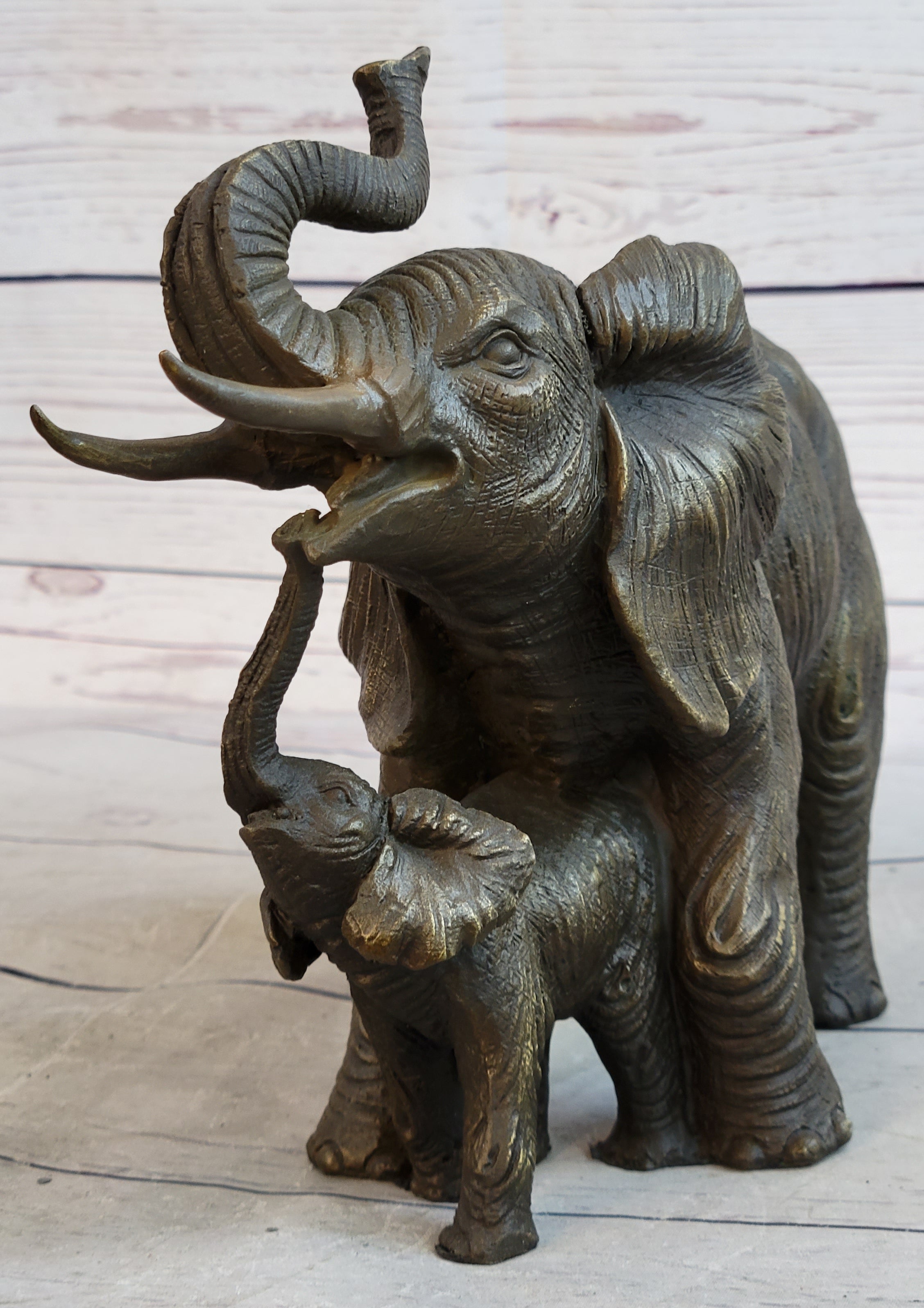 Mother & Baby Elephant Bronze Metal Sculpture Signed Art