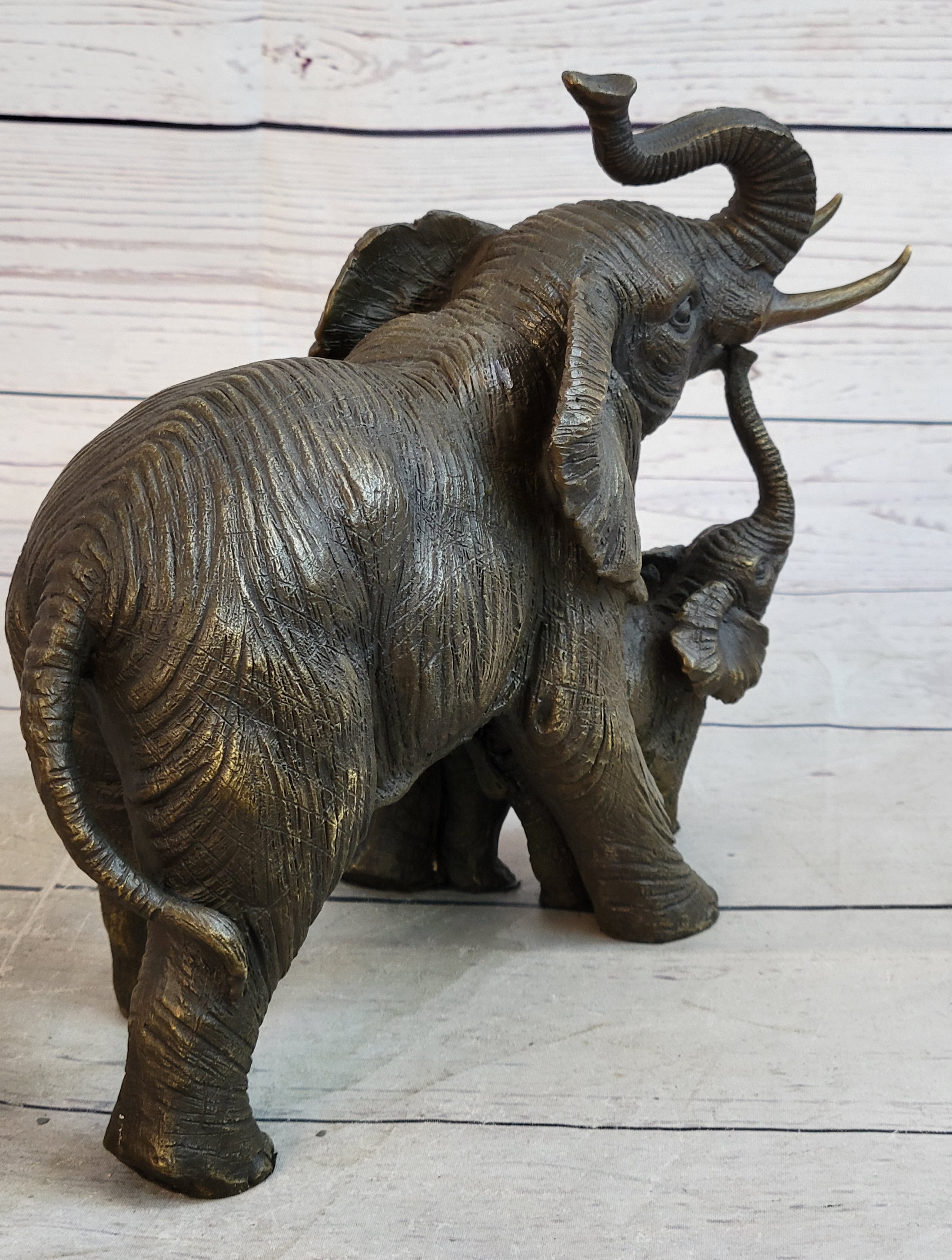 Mother & Baby Elephant Bronze Metal Sculpture Signed Art