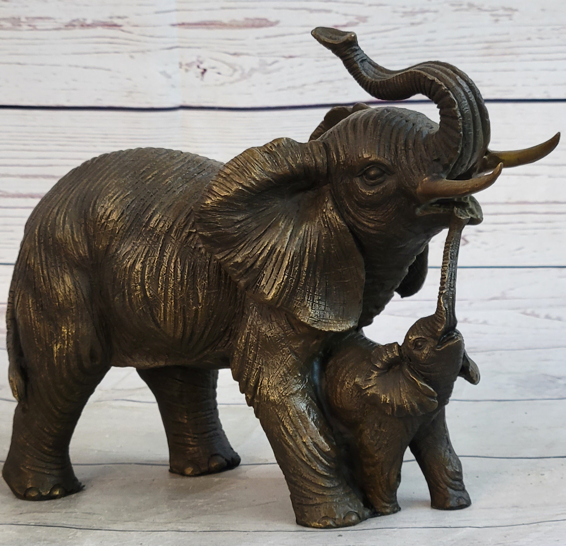 Mother & Baby Elephant Bronze Metal Sculpture Signed Art