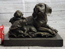 Mother Dog and 2 Puppies Bronze Sculpture Signed Art Marble Base