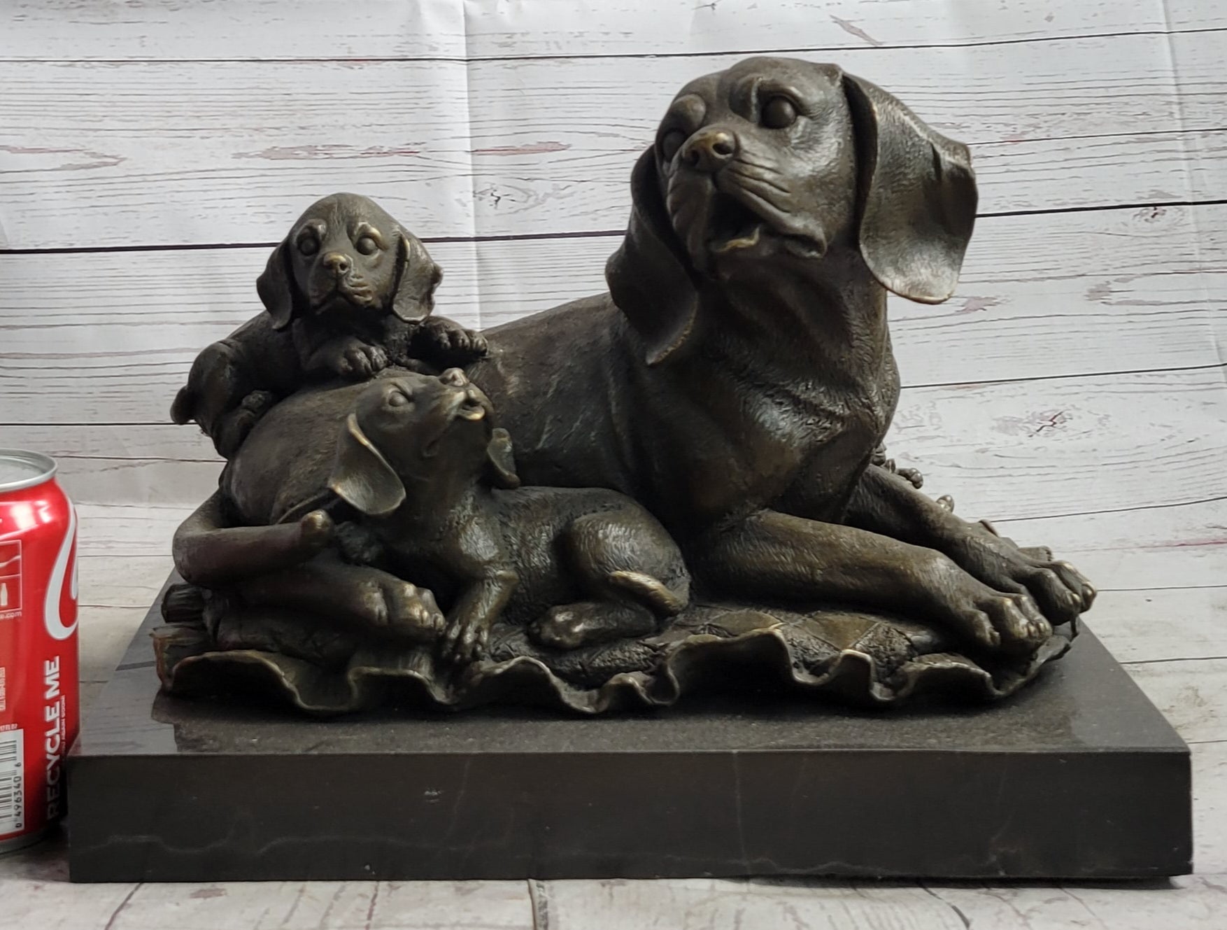 Mother Dog and 2 Puppies Bronze Sculpture Signed Art Marble Base