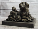 Mother Dog and 2 Puppies Bronze Sculpture Signed Art Marble Base