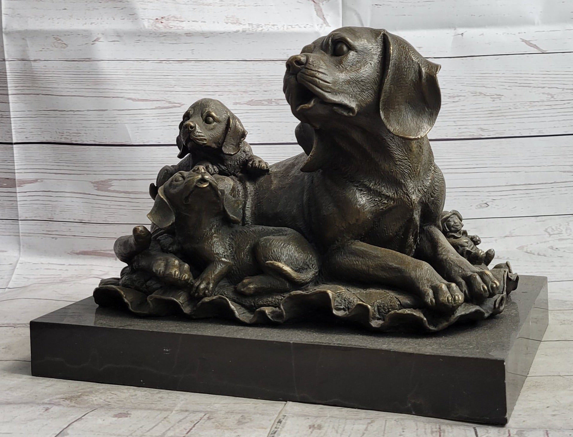 Mother Dog and 2 Puppies Bronze Sculpture Signed Art Marble Base