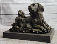 Mother Dog and 2 Puppies Bronze Sculpture Signed Art Marble Base