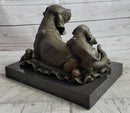 Mother Dog and 2 Puppies Bronze Sculpture Signed Art Marble Base