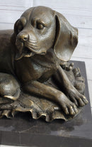 Mother Dog and 2 Puppies Bronze Sculpture Signed Art Marble Base