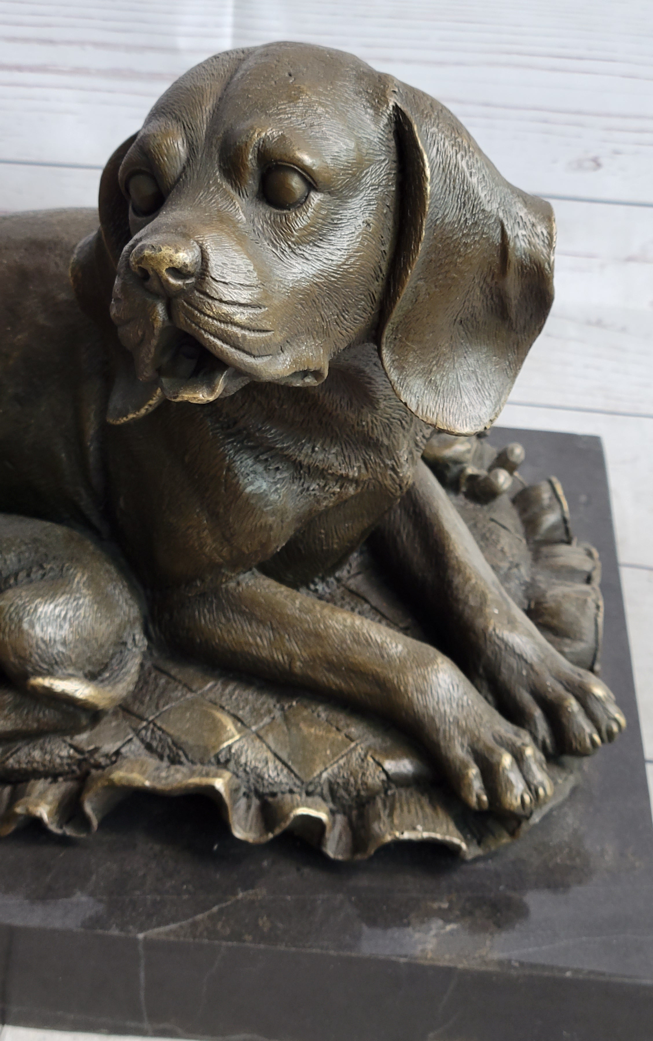 Mother Dog and 2 Puppies Bronze Sculpture Signed Art Marble Base