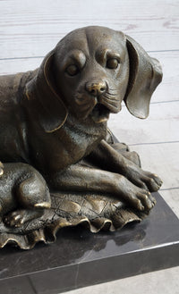 Mother Dog and 2 Puppies Bronze Sculpture Signed Art Marble Base