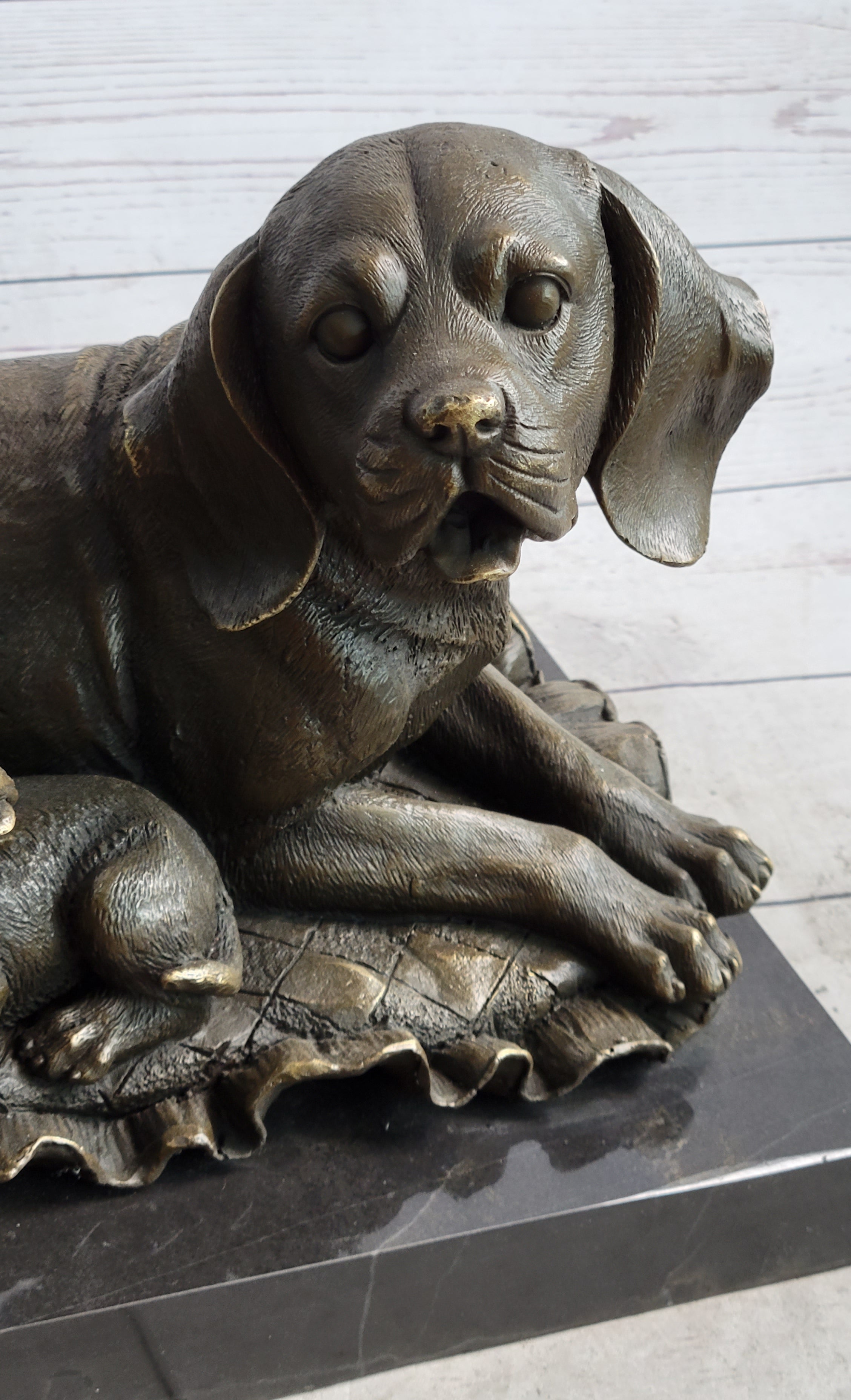 Mother Dog and 2 Puppies Bronze Sculpture Signed Art Marble Base
