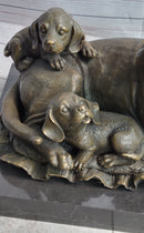 Mother Dog and 2 Puppies Bronze Sculpture Signed Art Marble Base
