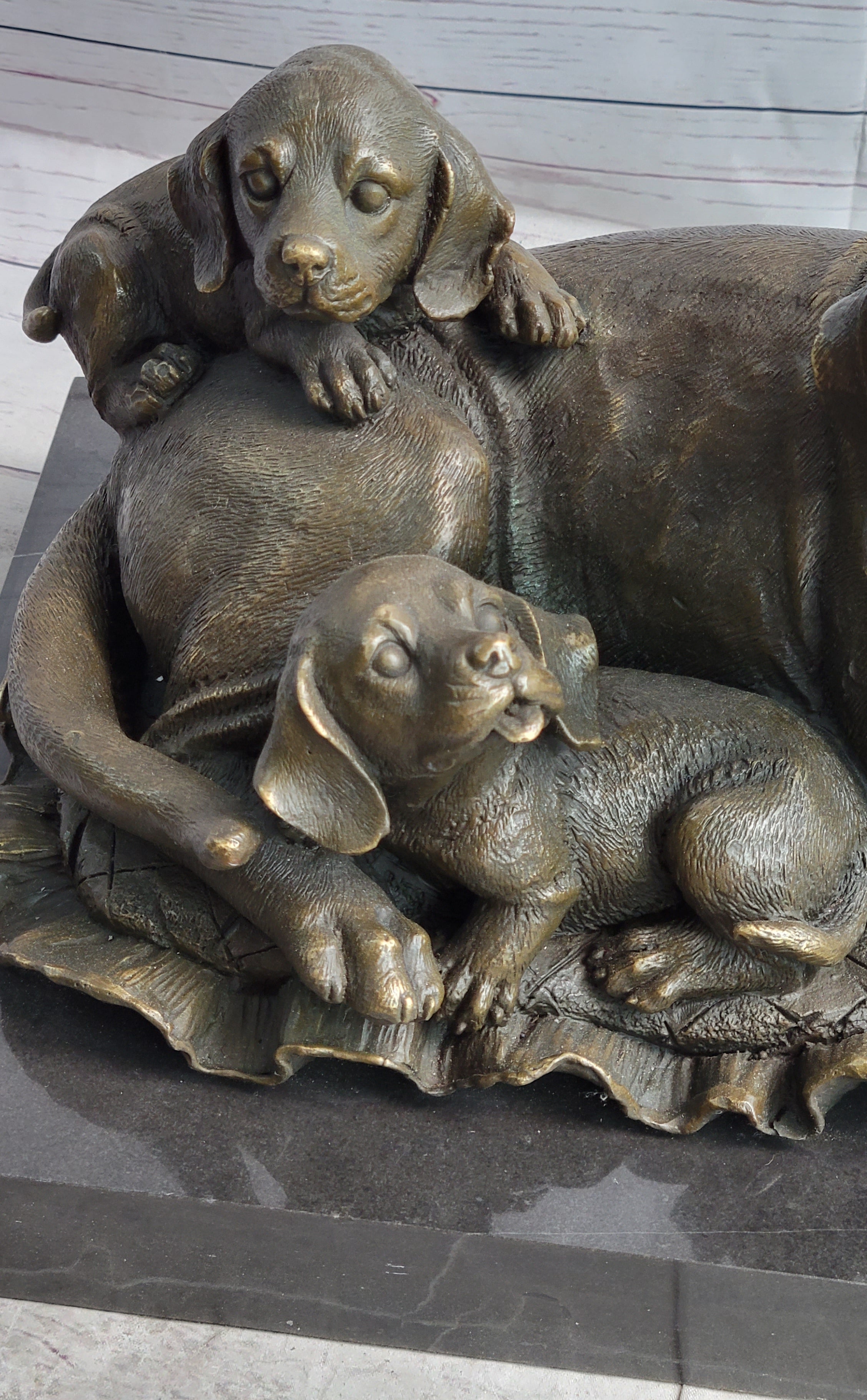 Mother Dog and 2 Puppies Bronze Sculpture Signed Art Marble Base