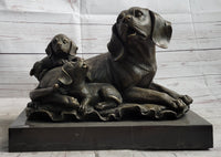 Mother Dog and 2 Puppies Bronze Sculpture Signed Art Marble Base