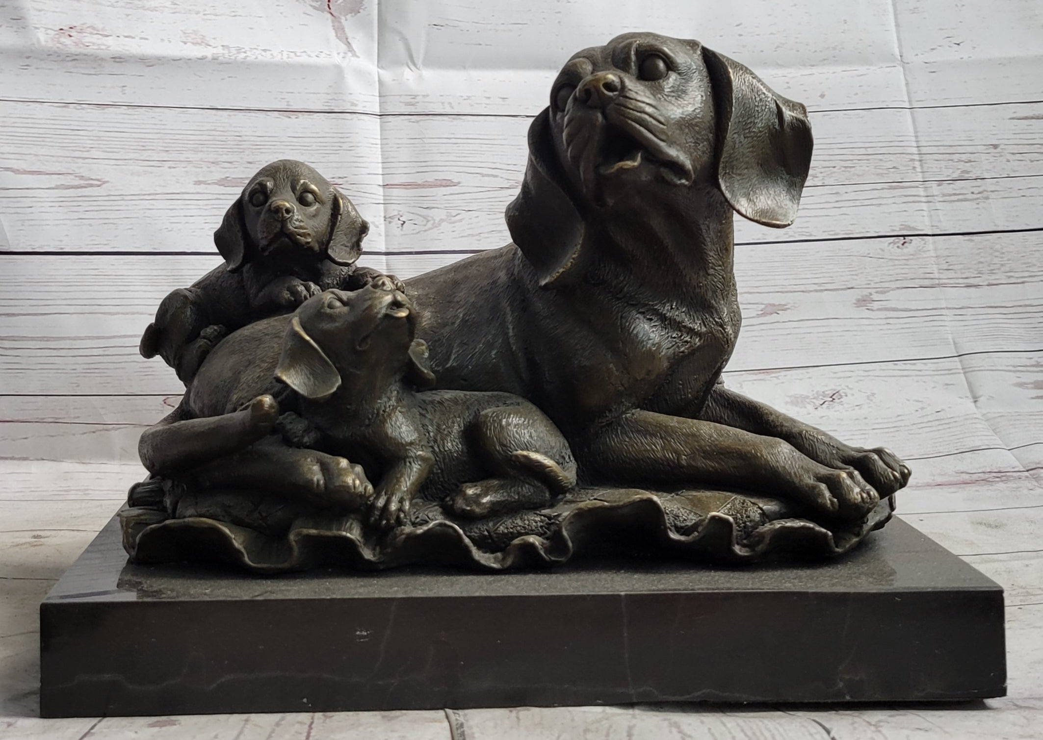 Mother Dog and 2 Puppies Bronze Sculpture Signed Art Marble Base