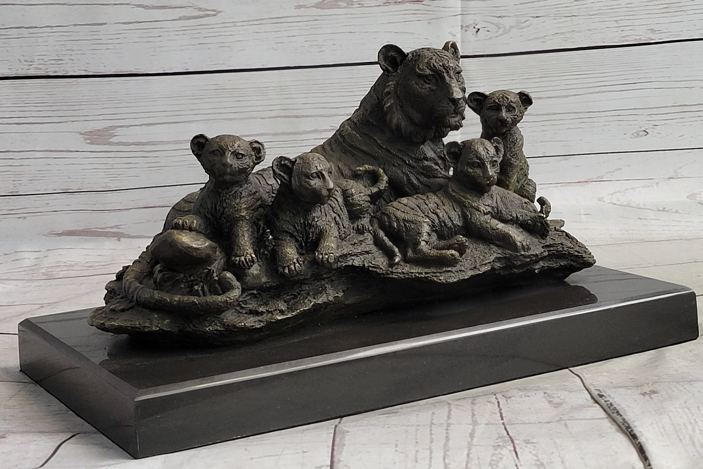 Tiger Family Cubs Bronze Sculpture Signed Art Marble Base