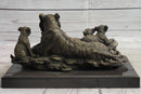 Tiger Family Cubs Bronze Sculpture Signed Art Marble Base