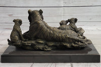 Tiger Family Cubs Bronze Sculpture Signed Art Marble Base
