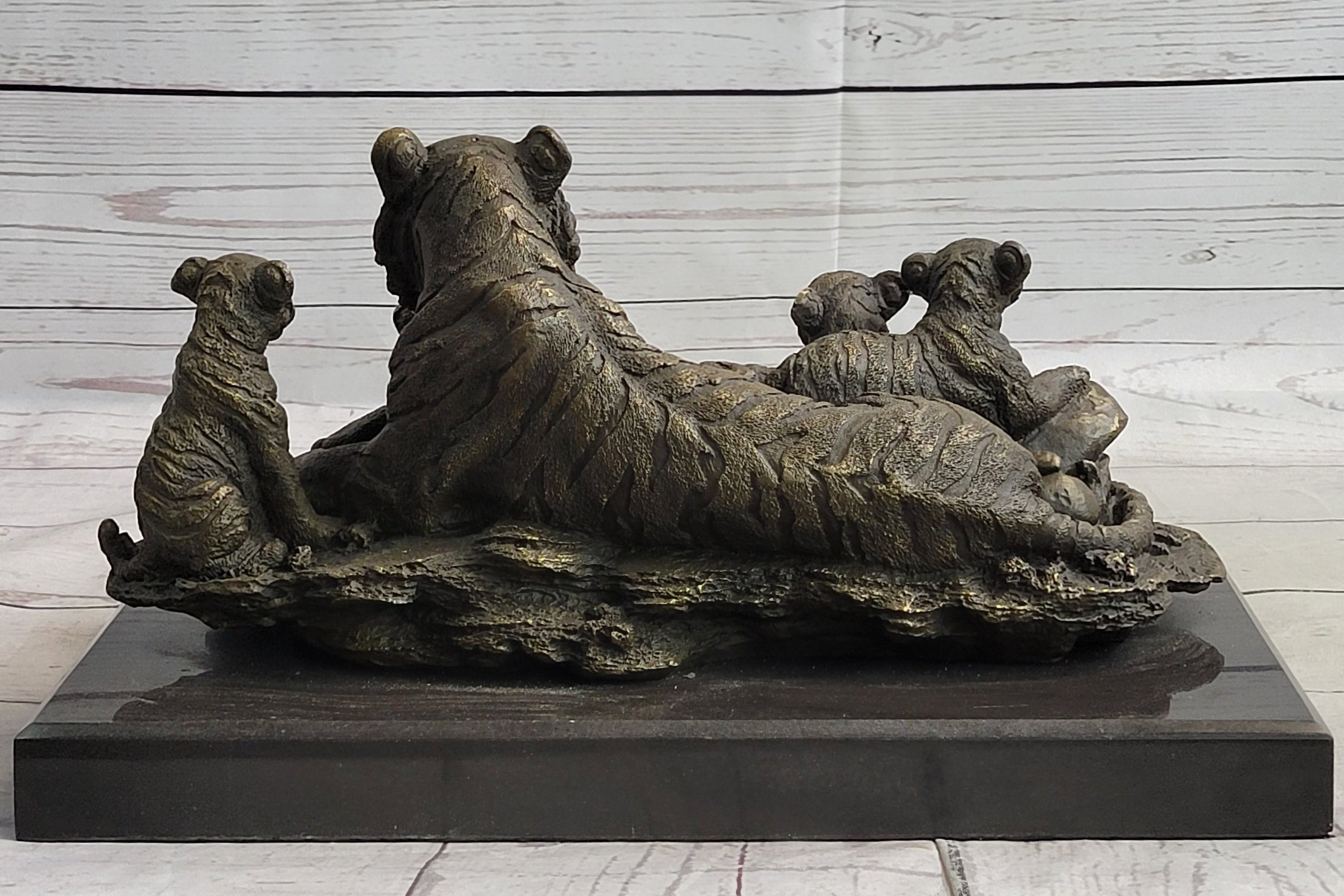 Tiger Family Cubs Bronze Sculpture Signed Art Marble Base