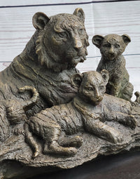 Tiger Family Cubs Bronze Sculpture Signed Art Marble Base
