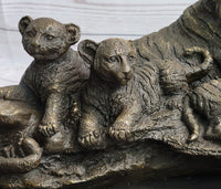 Tiger Family Cubs Bronze Sculpture Signed Art Marble Base