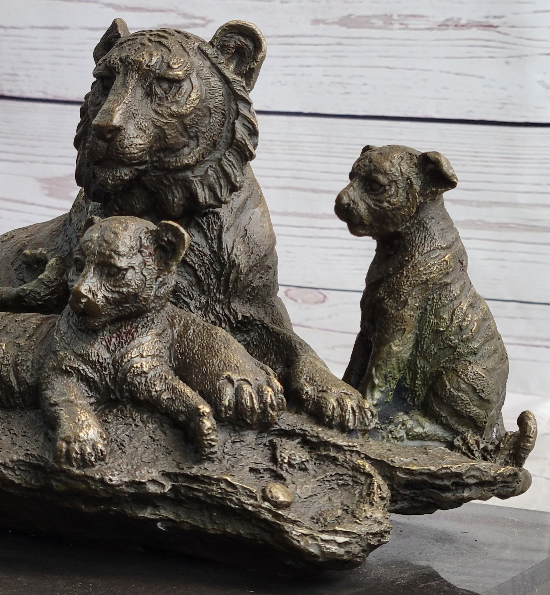 Tiger Family Cubs Bronze Sculpture Signed Art Marble Base