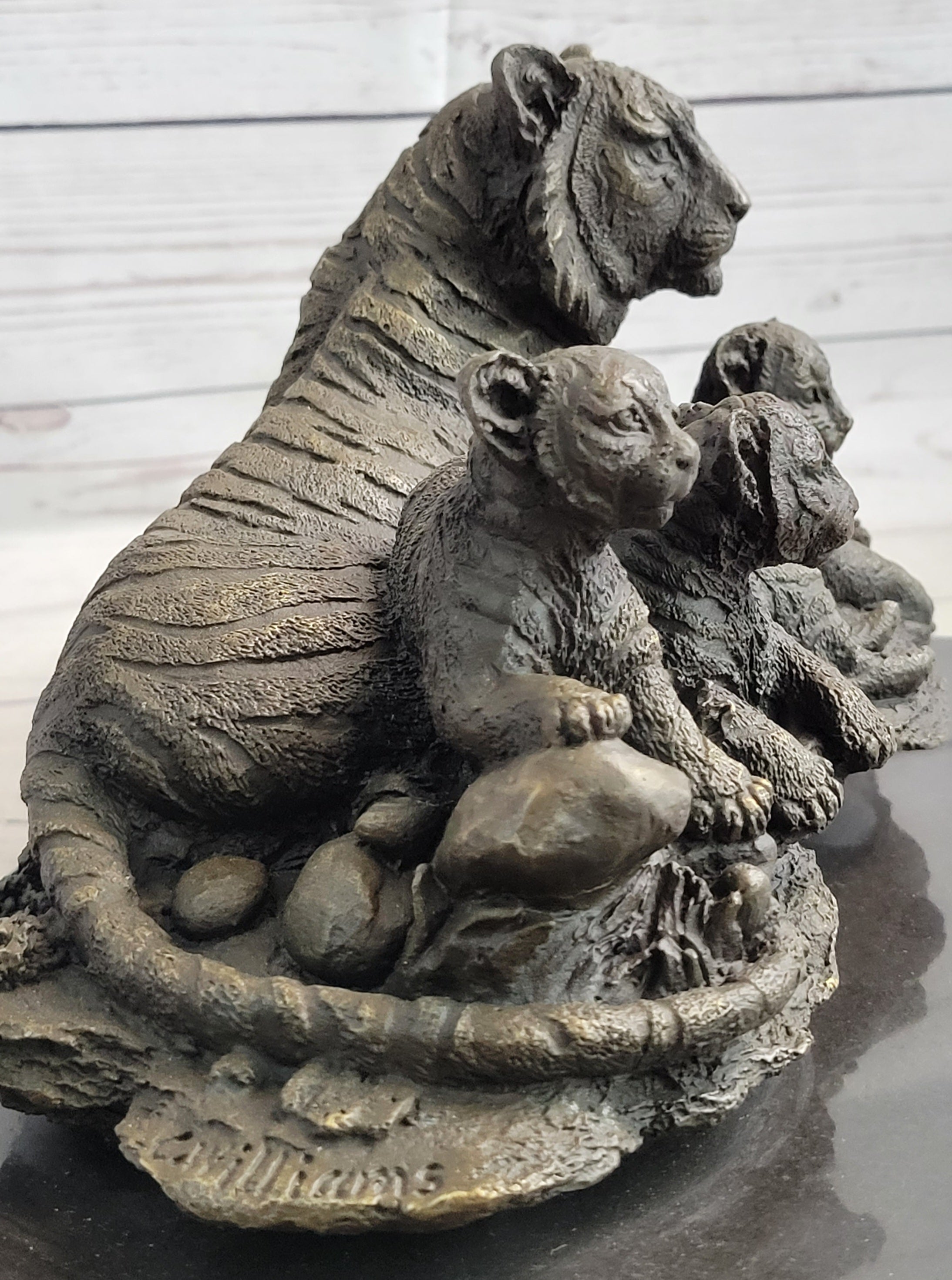 Tiger Family Cubs Bronze Sculpture Signed Art Marble Base