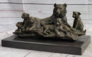 Tiger Family Cubs Bronze Sculpture Signed Art Marble Base