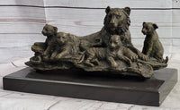 Tiger Family Cubs Bronze Sculpture Signed Art Marble Base