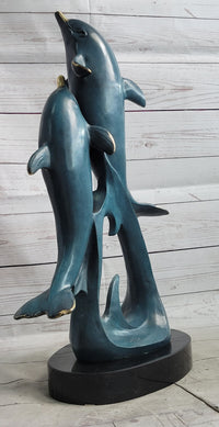 Hot Cast Bronze Leaping Dolphins Marine Life Sculpture Art