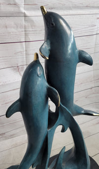Hot Cast Bronze Leaping Dolphins Marine Life Sculpture Art