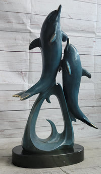Hot Cast Bronze Leaping Dolphins Marine Life Sculpture Art