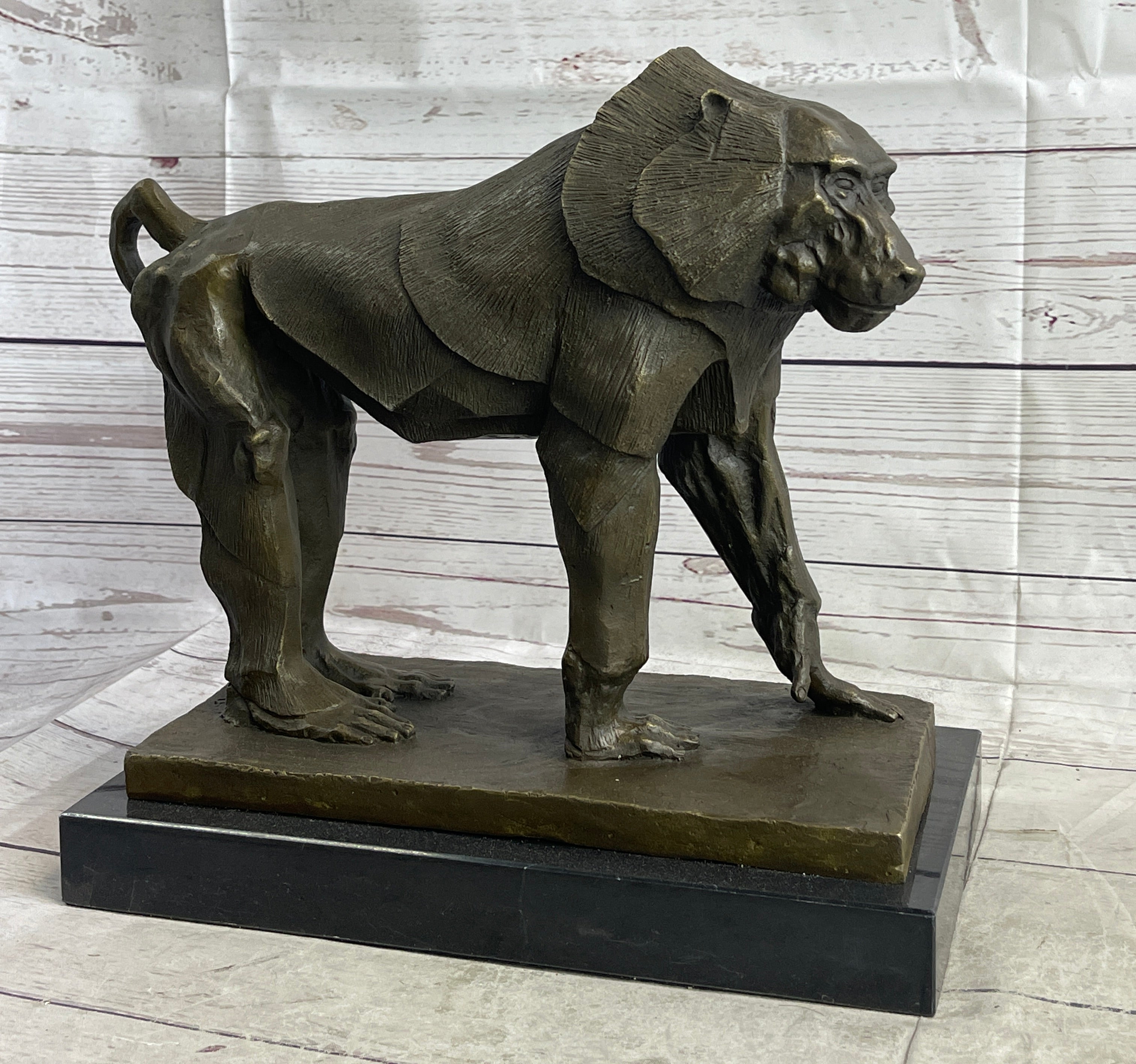 Baboon Monkey Primate Bronze Sculpture on Marble Base