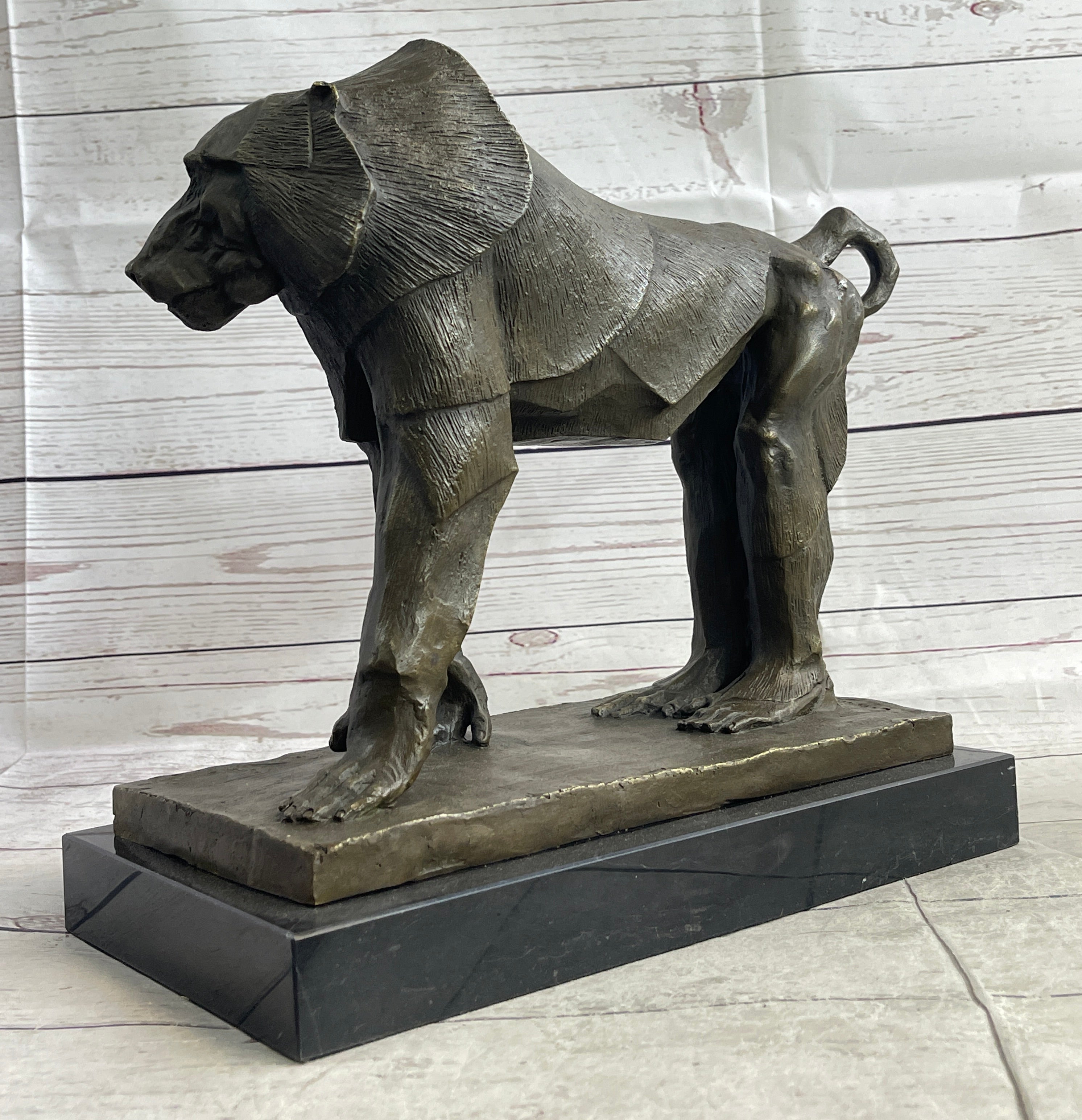 Baboon Monkey Primate Bronze Sculpture on Marble Base