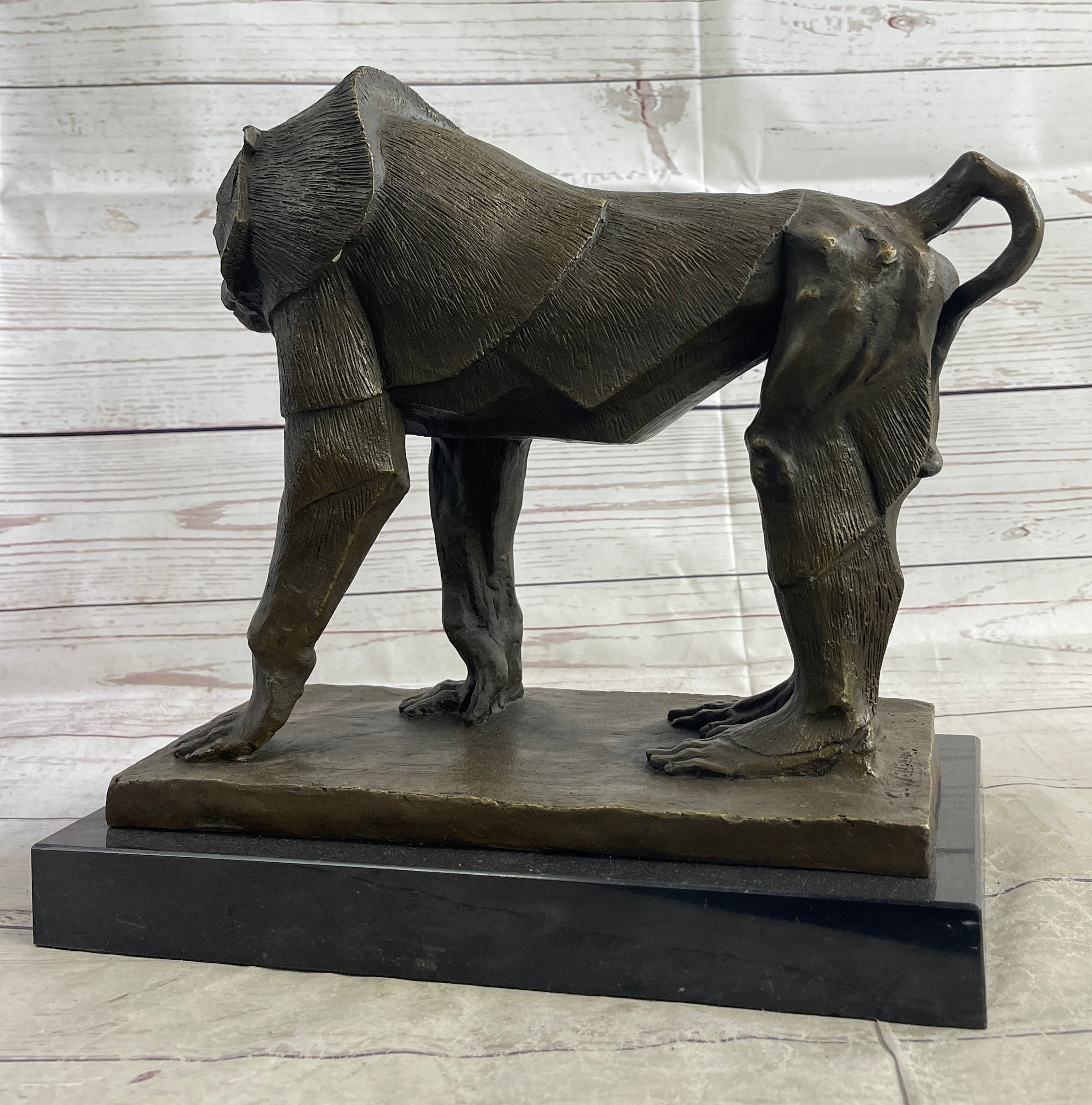 Baboon Monkey Primate Bronze Sculpture on Marble Base